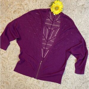 Holistia~Pretty Plum Open Knit 1/4 Zip Cardigan~Ribbed Sleeves & Hem~Size M